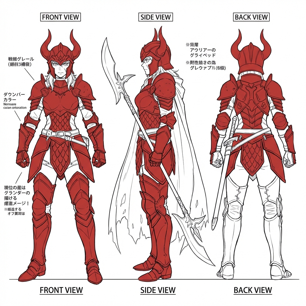 Female warrior character sheet with front, side, and back views