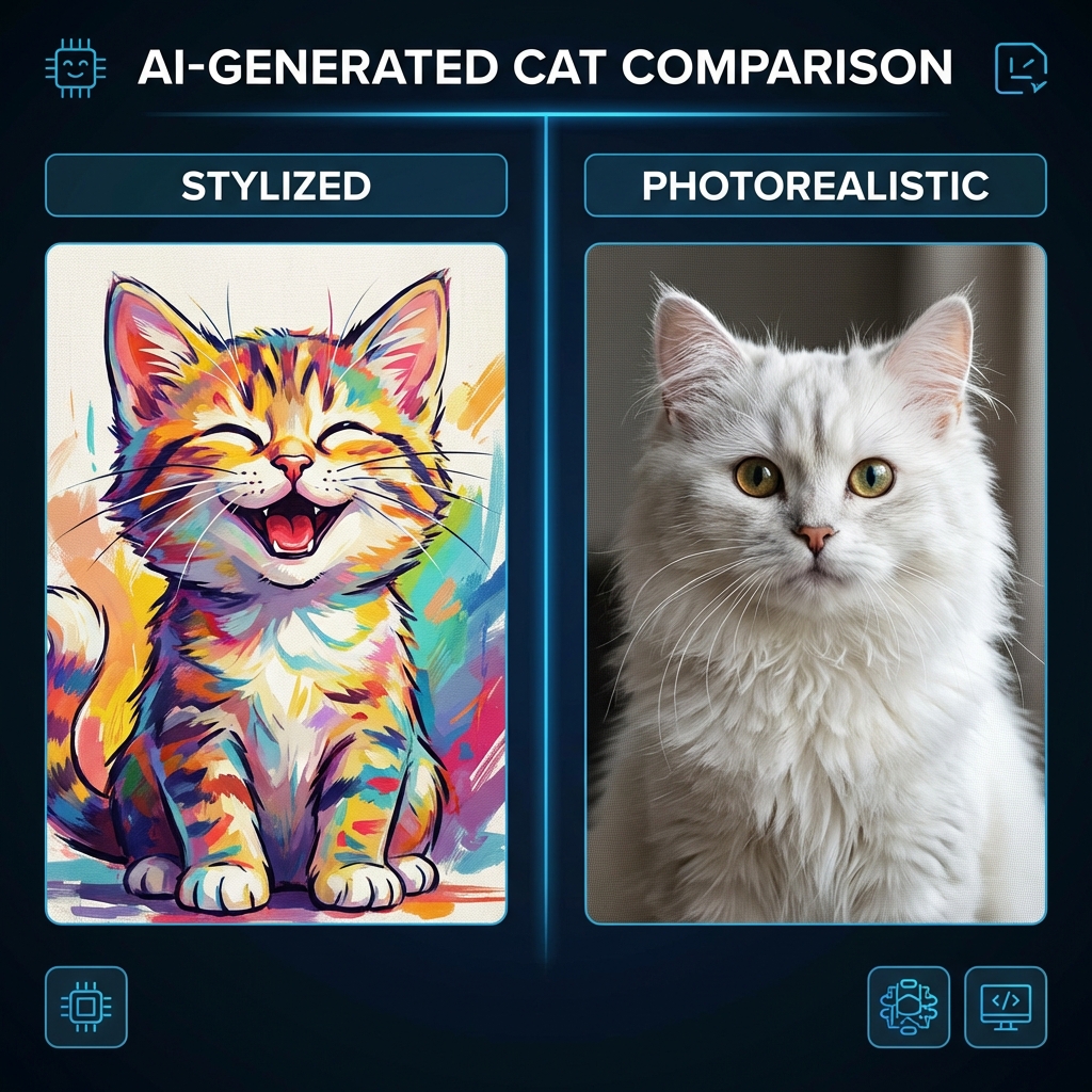 Comparison between stylized and photorealistic AI-generated cats